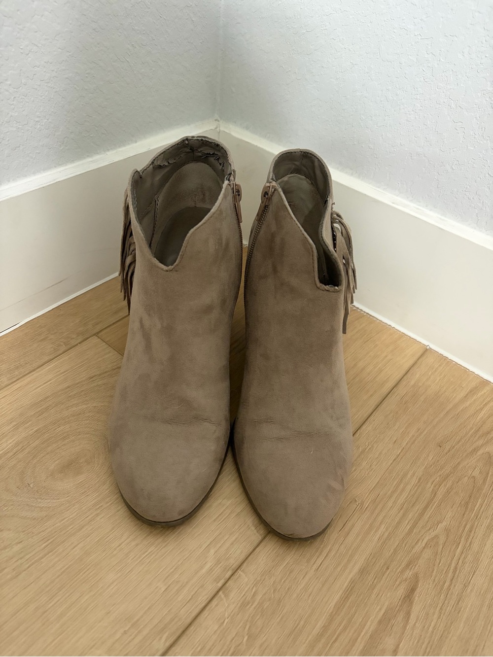 Taupe Suede Ankle Booties with Side Fringe